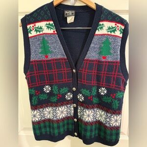 Southern Lady Festive Navy Red Green Holiday Christmas Tree Holly Nordic Vest